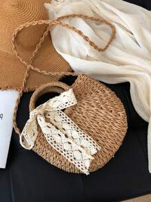 1 Peça Bolsa de Palha Trançada de Cor Sólida, Estilo Boêmio da Moda, Decorada com Fitas, Alças Redondas, Bolsa Feminina para Praia, Adequada para Viagens e Férias Casuais, Pode Ser Facilmente Combinada com Looks Simples, Também Adequada para Lazer e Compras ao Ar Livre, Ideal para Férias na Praia, e um Item Essencial para Férias. - Caqui - Visão 9