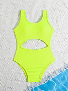 Traje de baño de una pieza con agujeros calados y costillas en color amarillo luminoso para niñas preadolescentes de 8 a 12 años