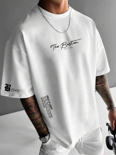 Plus Size Men's Casual Street Style Round Neck Short Sleeve Letter Print T-Shirt