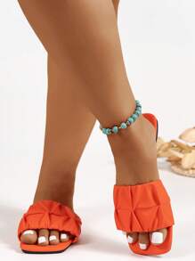 Women's Summer New Fashion Versatile Open Toe Strap Ruched Orange Sandals, Flat Comfortable Lightweight Non-Slip, Outdoor Beach Vacation Stylish Sandals