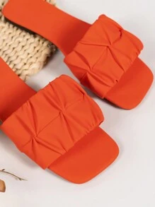 Women's Summer New Fashion Versatile Open Toe Strap Ruched Orange Sandals, Flat Comfortable Lightweight Non-Slip, Outdoor Beach Vacation Stylish Sandals