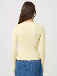 Women's Autumn Sweater Cardigan Solid Color Long Sleeve Round Neck Button Up Ribbed Knitwear - Yellow - View 4