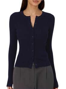 Women's Autumn Sweater Cardigan Solid Color Long Sleeve Round Neck Button Up Ribbed Knitwear - Deep Sky Blue - View 3