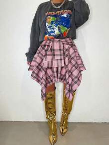 Plus Size Hip Hop Plaid Skirt 2025 - Women's Streetwear Tartan Skirt With Detachable Sleeves, Multi-Color Rap Style Skirt, High Waist A-Line Skirt With Belt (1X-5X) - Pink - View 3