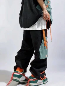 Men's Black Strapped Pants Streetwear Cotton Blend Trousers With Belt - màu đen - Xem 3