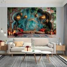 Vintage European Cathedral & Palace Candlelight Scene - Light Blue Polyester Backdrop, Single-Sided Printing, Suitable For Photo Booth, Living Room, Outdoor Decoration, Festivals And Livestream