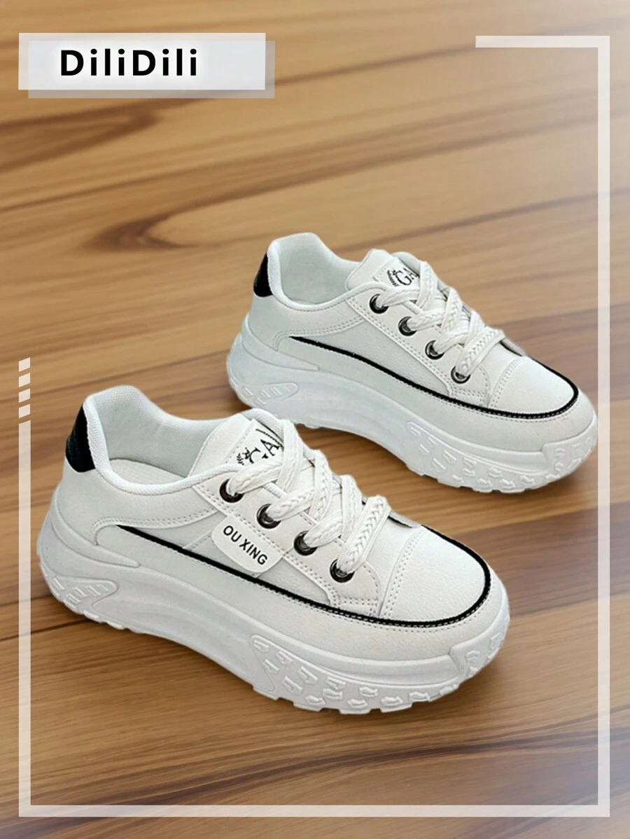 时尚舒适时尚女士休闲皮革厚底运动鞋，低帮，韩版 - 白色 - 查看 1