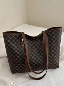 1pc Women Khaki PU Zipper Jacquard Pattern Tote Bag, Large Capacity Minimalist Printed Rivet Design Shoulder Handbag, Versatile - Coffee Brown - View 10