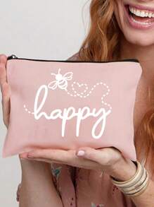 Make-uptas met opdruk van de letters "Happy" en een klein bijenpatroon - lichtgewicht en geurloze reistas van polyester, geschikt voor natuurliefhebbers en vrouwen, leuke multifunctionele canvas tas in cartoonstijl, perfect cadeau voor tieners, verjaardags- en reisaccessoires, vakantiecadeaus, boho-sfeer, voor strandvakanties, badkamercollectie, slaapkamercollectie, grote capaciteit