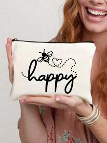 Make-uptas met opdruk van de letters "Happy" en een klein bijenpatroon - lichtgewicht en geurloze reistas van polyester, geschikt voor natuurliefhebbers en vrouwen, leuke multifunctionele canvas tas in cartoonstijl, perfect cadeau voor tieners, verjaardags- en reisaccessoires, vakantiecadeaus, boho-sfeer, voor strandvakanties, badkamercollectie, slaapkamercollectie, grote capaciteit