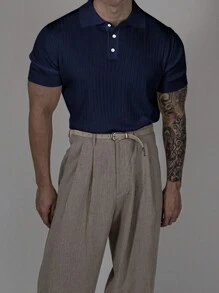 Men's Soft Texture Sports Casual Polo Collar Short Sleeve Pit Strip Texture Casual Sweater