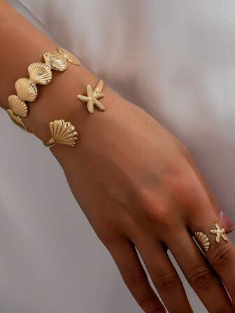 1 Set Fashionable Minimalist Ocean Style Starfish & Shell Adjustable Bracelet & Ring Jewelry Set, Gift For Women Holiday Travel