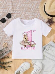 Lato Młoda dziewczyna Wielkanoc Swobodny Słodkie ubrania Króliczek Nadruk Okrągły Dekolt T-shirt Bluza - Biały - Zobacz 1