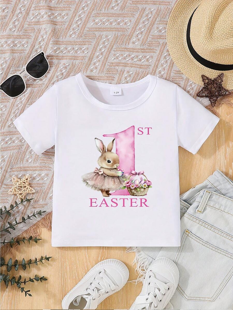 Lato Młoda dziewczyna Wielkanoc Swobodny Słodkie ubrania Króliczek Nadruk Okrągły Dekolt T-shirt Bluza - Biały - Zobacz 1