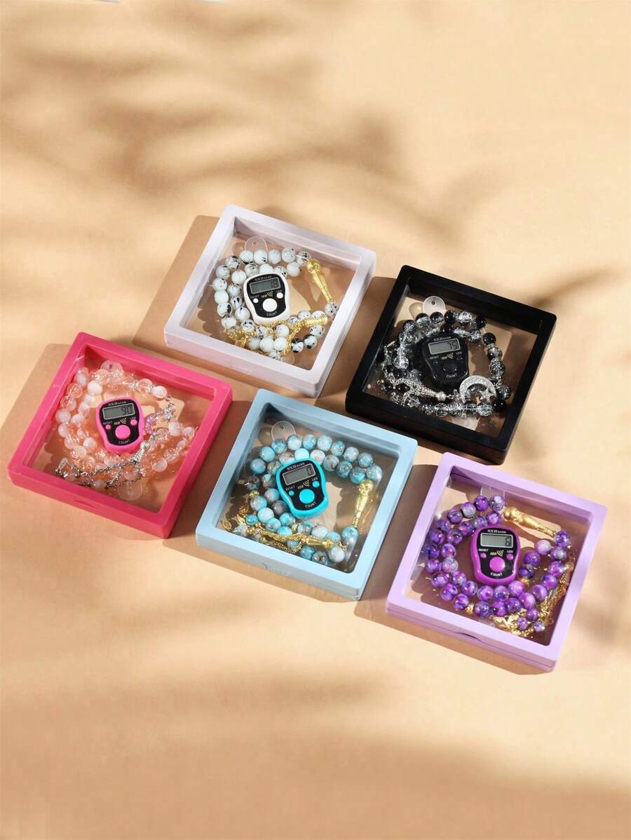 1套悬挂盒计数器组合套装外贸礼品十字仿珍珠串珠，配多功能电子计数器带时间计数器
