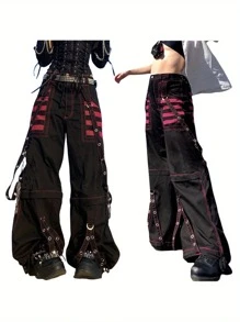 Fashionable Women Long Pants, Loose Hip-Hop Strap Buttoned High Waist Stripe Long Pants For Summer - Black - View 8