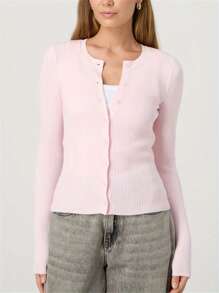 Women's Autumn Sweater Cardigan Solid Color Long Sleeve Round Neck Button Up Ribbed Knitwear - Hồng - Xem 2