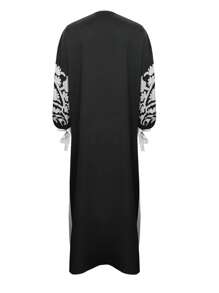 New Vintage Floral Print Dress For Women, With Tie, Button, Side Slit Design, Suitable For Spring/Summer, Vacation/Wedding Guest Wear - Black - View 9