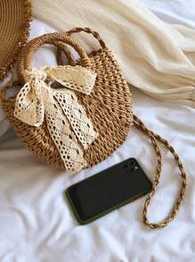1 Peça Bolsa de Palha Trançada de Cor Sólida, Estilo Boêmio da Moda, Decorada com Fitas, Alças Redondas, Bolsa Feminina para Praia, Adequada para Viagens e Férias Casuais, Pode Ser Facilmente Combinada com Looks Simples, Também Adequada para Lazer e Compras ao Ar Livre, Ideal para Férias na Praia, e um Item Essencial para Férias. - Caqui - Visão 10