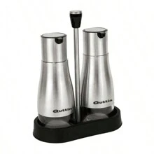 BLOOM STORE-Set de 2 aceiteras de acero inoxidable con soporte, botellas para aceite y vinagre de 320 ml, resistentes y fáciles de usar, perfectas para cocina, mesa y hogar, 18 x 9.5 x 23 cm - plata - Ver 2