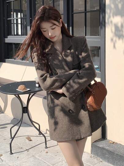  [Y6Y] 复古人字纹双排扣羊毛混纺西装外套，宽松休闲夹克，尽显高端气质，适合秋冬季穿着