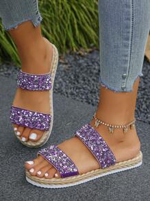 Sandálias femininas rasteiras com tiras duplas e decoração de strass, sandálias de praia casuais e modernas para uso diário, padrão roxo profundo de verão aleatório - roxo profundo - Ver 4