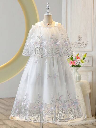 Sukienka księżniczki z siateczki z odkrytymi ramionami dla dziewcząt w kolorze białym, wygodna i elegancka na wyjścia