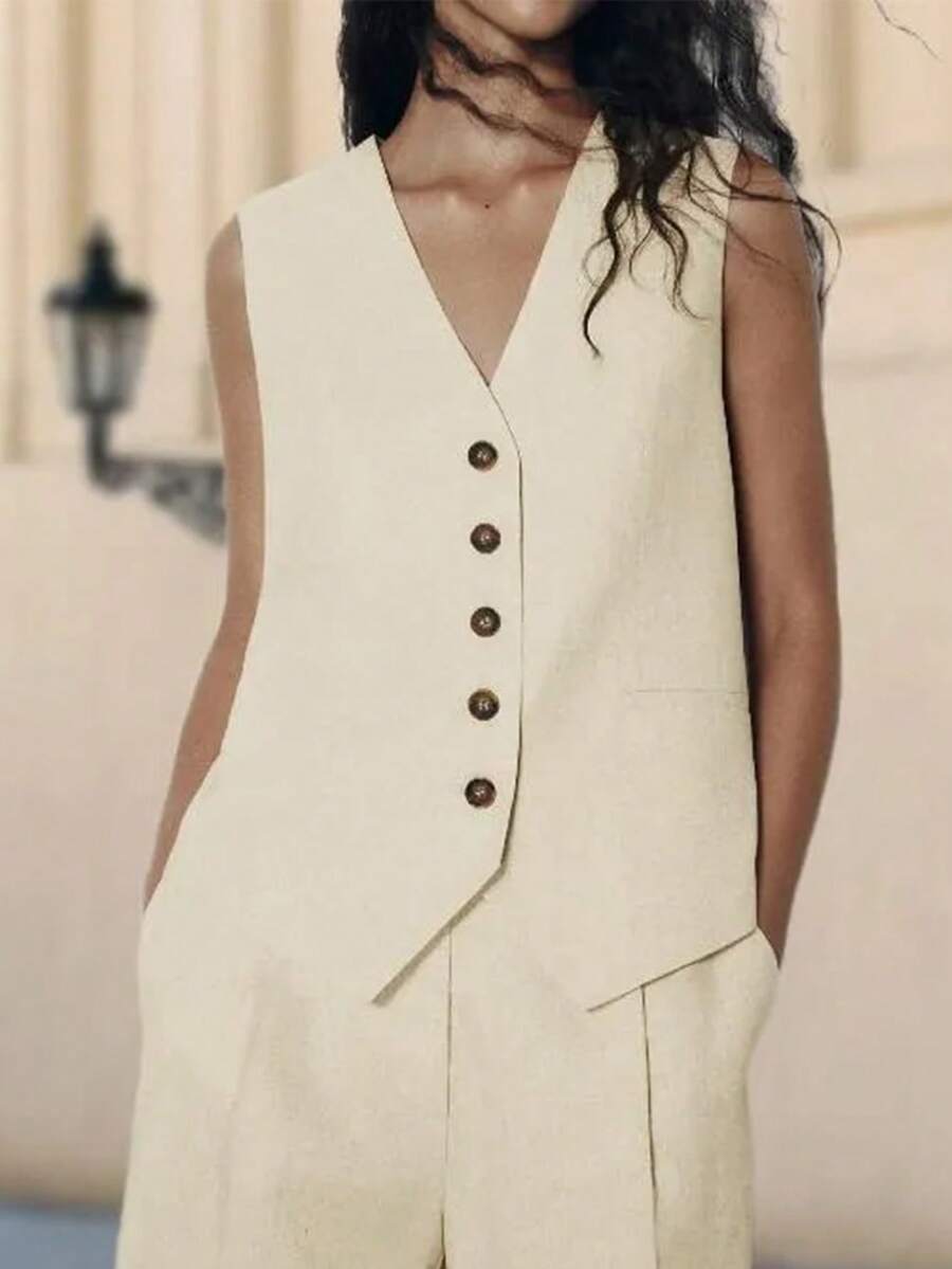 Top décontracté pour femmes avec bouton devant, couleur unie simple - Kaki - Voir 1