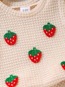 2pcs Young Girl Cute Strawberry Hollow Out Knitted Vest & Breathable Solid Color Shorts Set