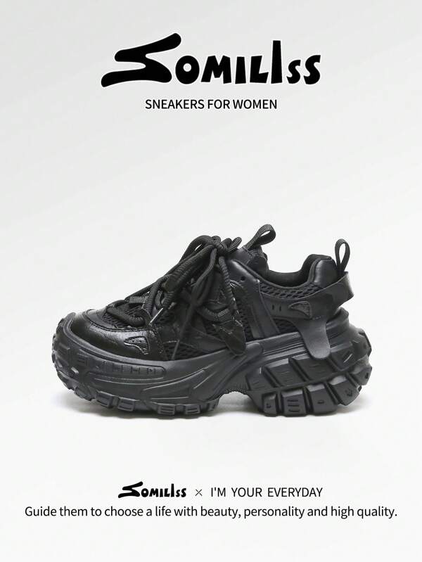 somiliss 1 Pair Women's Sports Style Anti-Slip Casual Shoes, Front Lace Up, Suede & Mesh Upper, Breathable, Comfortable For Students, Running, Spring/Summer 2025 New Personalized Fashionable Durian Sole Elevated 6cm Low-Top Outdoor Walking Shoes, Black