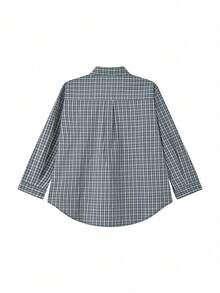 女士复古蓝格子宽松衬衫，春夏休闲复古风格潮流衬衫 - 藍色 - 查看 5