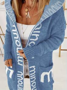 Plus Size Women's Casual Letter Printed Hooded Soft Knit Warm Cardigan, Long Sleeve - Blue - View 3