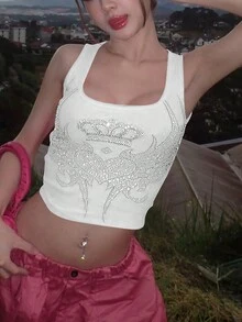 女士夏季水钻翅膀和皇冠印花休闲背心 - 白色 - 查看 4