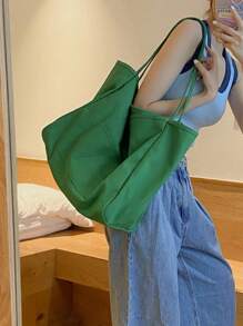 Classic Canvas Tote Bag, Large Capacity Fashionable Handbag, Multi-Functional Ins-Style Shopping Bag, Elegant And Stylish, Ideal For Christmas, Back To School, Backpack, Handbag, Canvas Bag, Back To School Essential. Lightweight, Portable, Foldable, Classic Casual, Suitable For Teenagers, Women, College Students, Perfect For Back To School, First Day Of School, Beach Trip. - Green - View 5