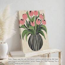 1pc Art Deco Bloemen Olieverfschilderij Op Canvas Gestreepte Vaas Ontwerp Van Tulpen, Houten Omlijste Muurkunst Decoratie Voor Thuis Kantoor Woonkamer Slaapkamer Herfst En Winter Thema, Interieur Portret Kunstdruk -Botanisch-Modern,Poster