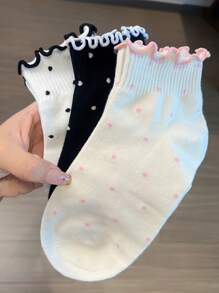 7 Pairs Random Women's Sweet Ruffle Trim Polka Dot Socks, JK Style Fashion, Comfortable & Breathable Short Tube Socks