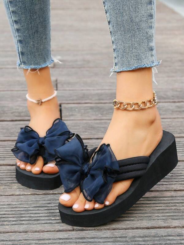 5cm Bow Decor Flip Flops, Women Flat Sole Thong Sandals, Summer Beach Slippers Casual Wear, Non-Slip
