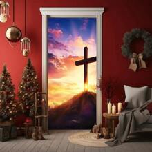 1pc Easter Celebration Hanging Banner, Polyester Religious Decorations With Cross And Holy Light Design, All-Purpose, Electricity-Free, Suitable For Home And Church, Party Decor