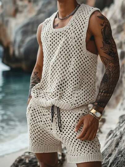 Men's Summer Beach Hollow-Out Tank Top & Shorts Set