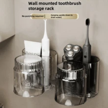 1 Set No-Drill Toothbrush Holder With Tumbler, Bathroom Storage Organizer Rack, Wall Mounted Toothpaste Shelf - Multicolor - View 3