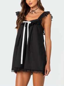 Women Summer Casual Mini Dress Lace Trim Fly Sleeve Bowknot Embellished Short Dress - màu đen - Xem 5