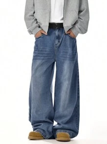 1 件超大宽松复古休闲牛仔裤，阔腿男士街头潮流裤