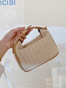 Small Straw Fabric Crossbody Bag - Màu Khaki - Xem 10