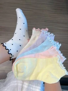 7 Pairs Random Women's Sweet Ruffle Trim Polka Dot Socks, JK Style Fashion, Comfortable & Breathable Short Tube Socks