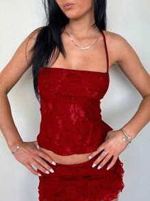 Women Sexy 2 Pieces Floral Lace Skirt Set Criss Halter Lace Up Backless Cami Tank Top Low Rise Bodycon Mini Skirt Paty Clubwear - 紅色 - 查看 2