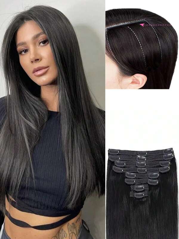 Straight Clip In Hair Extensions Human Hair Clip Ins Hair Extensions For Women 8pcs Clip Ons Hair Extensions With 18 Clips 120g 18-26inch