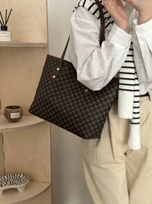 1pc Women Khaki PU Zipper Jacquard Pattern Tote Bag, Large Capacity Minimalist Printed Rivet Design Shoulder Handbag, Versatile - Coffee Brown - View 4