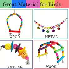 7 件套天然产品鹦鹉玩具套装，颜色和款式随机，包括秋千、栖木、咀嚼玩具、鸟笼配件组合