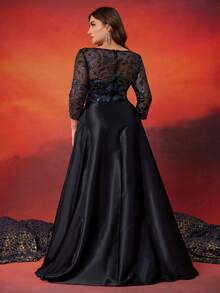 XUIBOL 亮片拼接缎面 V 领超长连衣裙，下摆夸张，适合大码女士穿着，优雅正式，适合派对、庆典、派对礼服、婚礼宾客礼服、晚礼服 - 黑色 - 查看 6