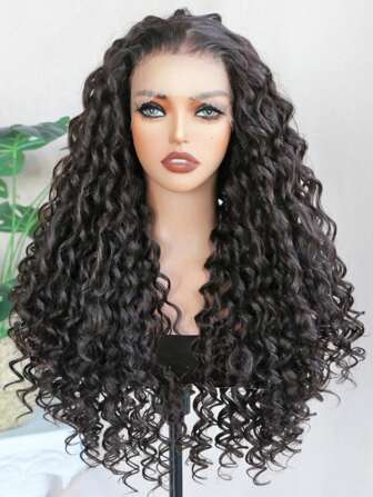 13X6 蕾丝前假发，带婴儿头发，黑棕色，26 英寸长，水波合成蕾丝前假发，适合女士高温纤维日常使用